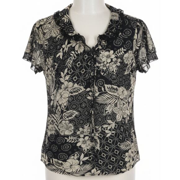 New York City Design Blouse Women Plus 3X Black Beige Floral Short Sleeves - Picture 1 of 7